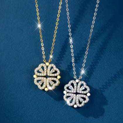 Image of Flower Four Leaf Clower Hearts Necklace