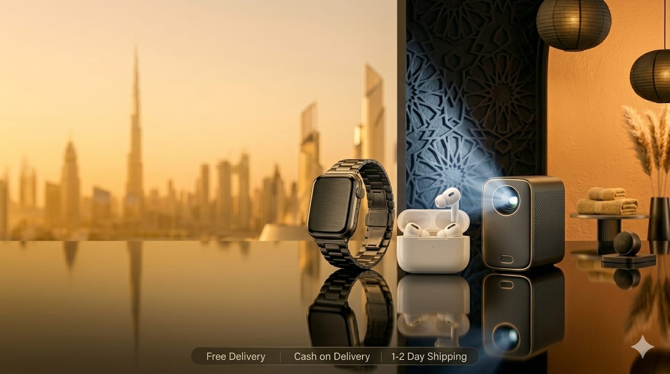 Smartwatch, wireless earbuds, and portable projector on modern table with city skyline view