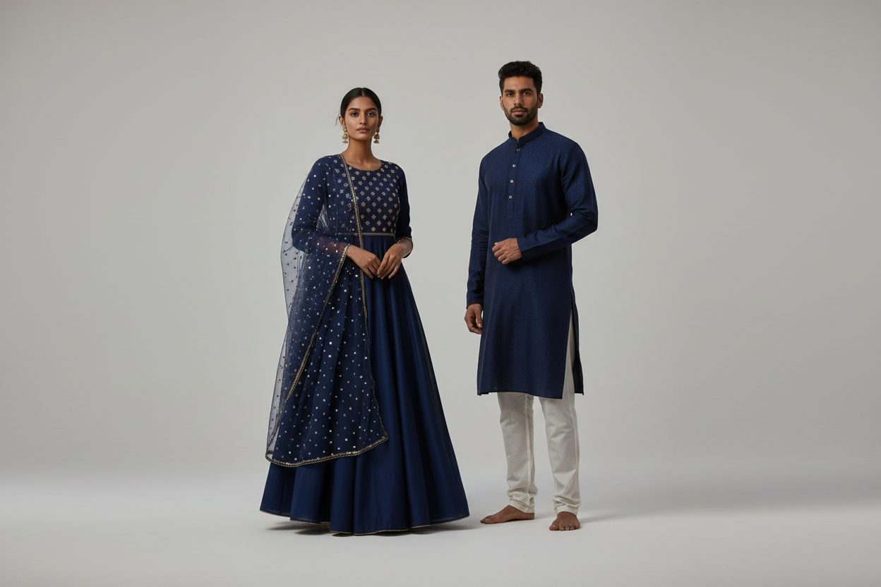 "Design a high-impact banner for Shopify's 'Image with Text Overlay' section in an ethnic fusion clothing store: A large, photorealistic image of a stylish South Asian couple in trendy navy kurtas and flowing maxi dresses posing confidently on a beach at sunset, with golden-hour lighting and subtle cultural motifs in the background. Overlay bold white text in elegant font: 'Discover Ethnic Elegance' as the main heading, and 'Explore our vibrant collections of fusion wear, from salwar suits to beach-ready ou