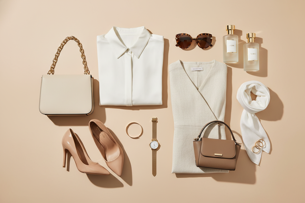 "Modern lifestyle flat lay featuring stylish women's clothing and accessories like handbags, heels, sunglasses, and perfumes arranged aesthetically on a beige background — clean and elegant look for an online fashion store banner."
